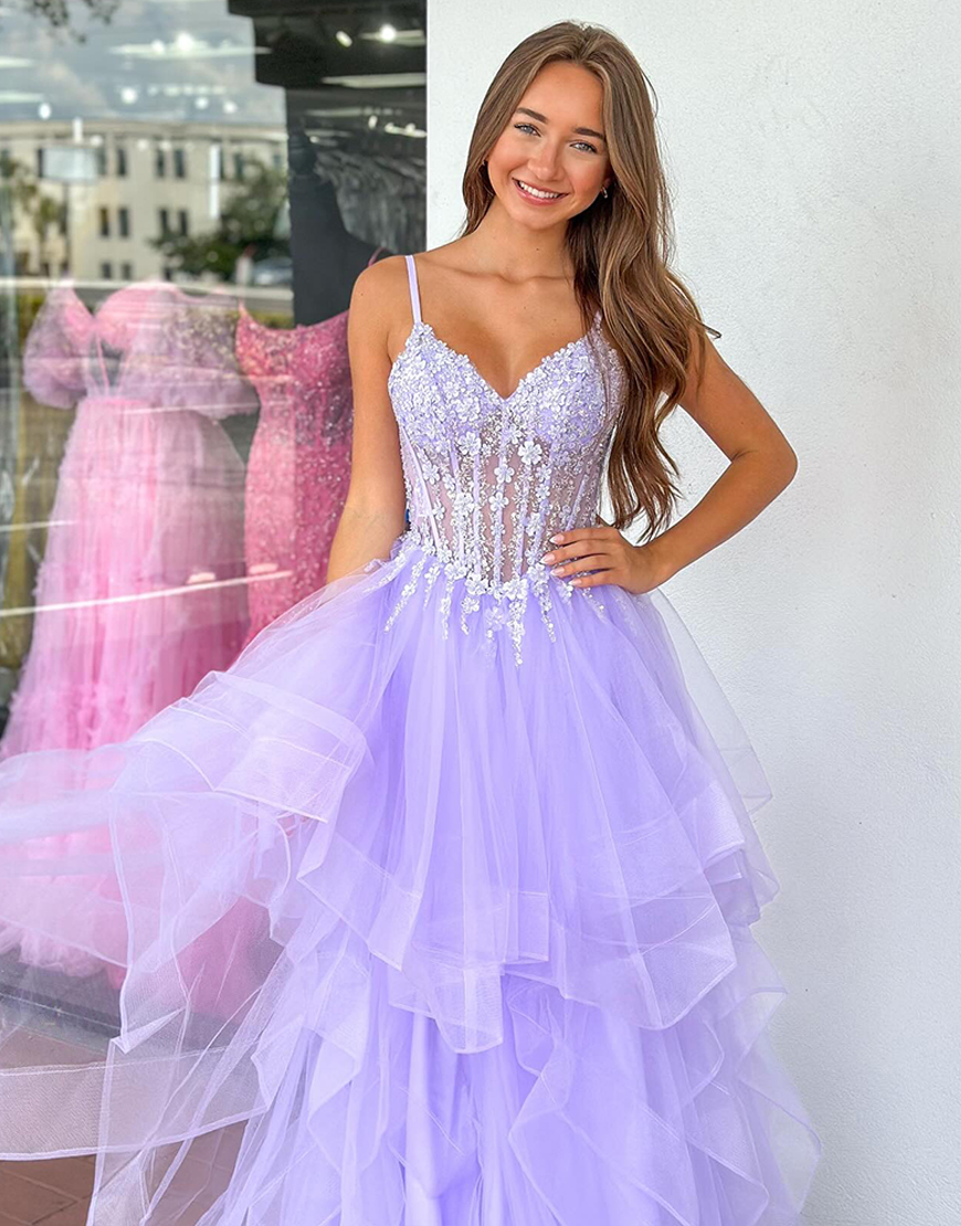 Sparkly Lilac Floral Ruffled Tiered Corset Long Pageant Dress