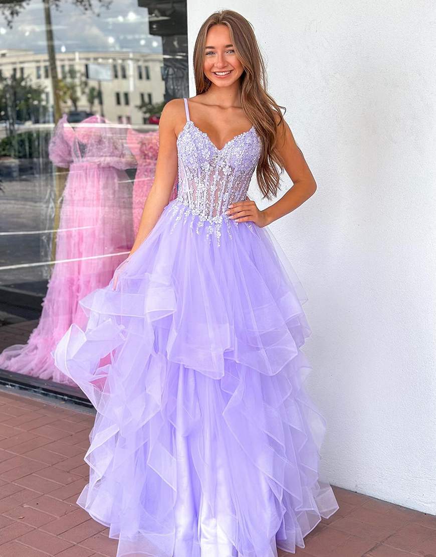 Sparkly Lilac Floral Ruffled Tiered Corset Long Pageant Dress