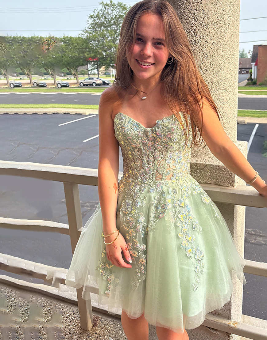 Sparkly Sage A Line Short Corset Homecoming Dress with Appliques