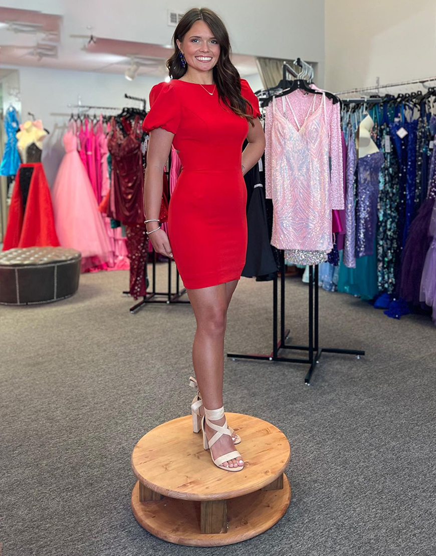 Red Short Sleeves Tight Satin Homecoming Dress with Bow