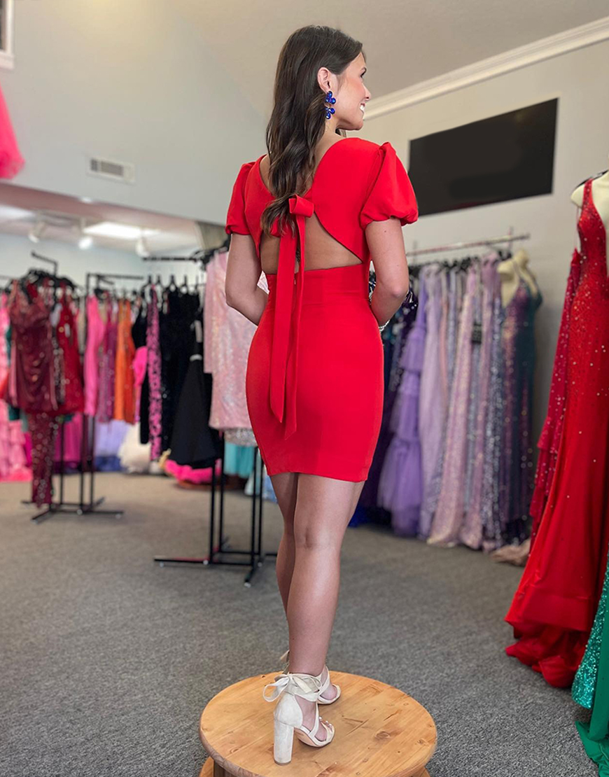 Red Short Sleeves Tight Satin Homecoming Dress with Bow