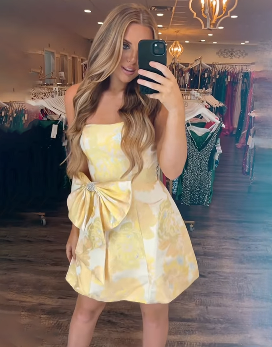 Sparkly Yellow Floral Strapless A Line Short Homecoming Dress with Bow