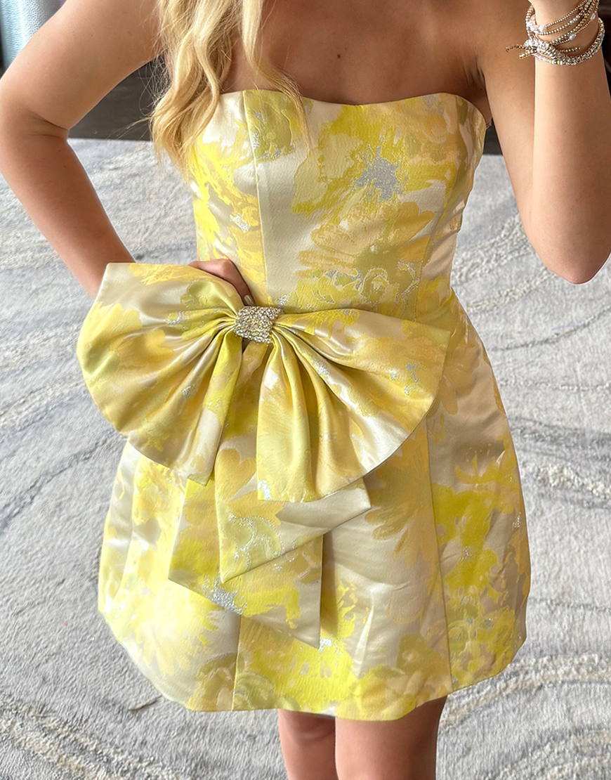 Sparkly Yellow Floral Strapless A Line Short Homecoming Dress with Bow