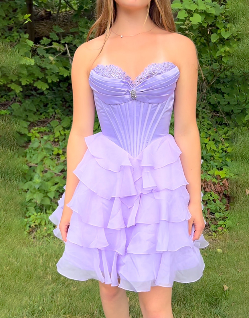 Sparkly Lavender Ruffled A Line Short Corset Homecoming Dress with Beading
