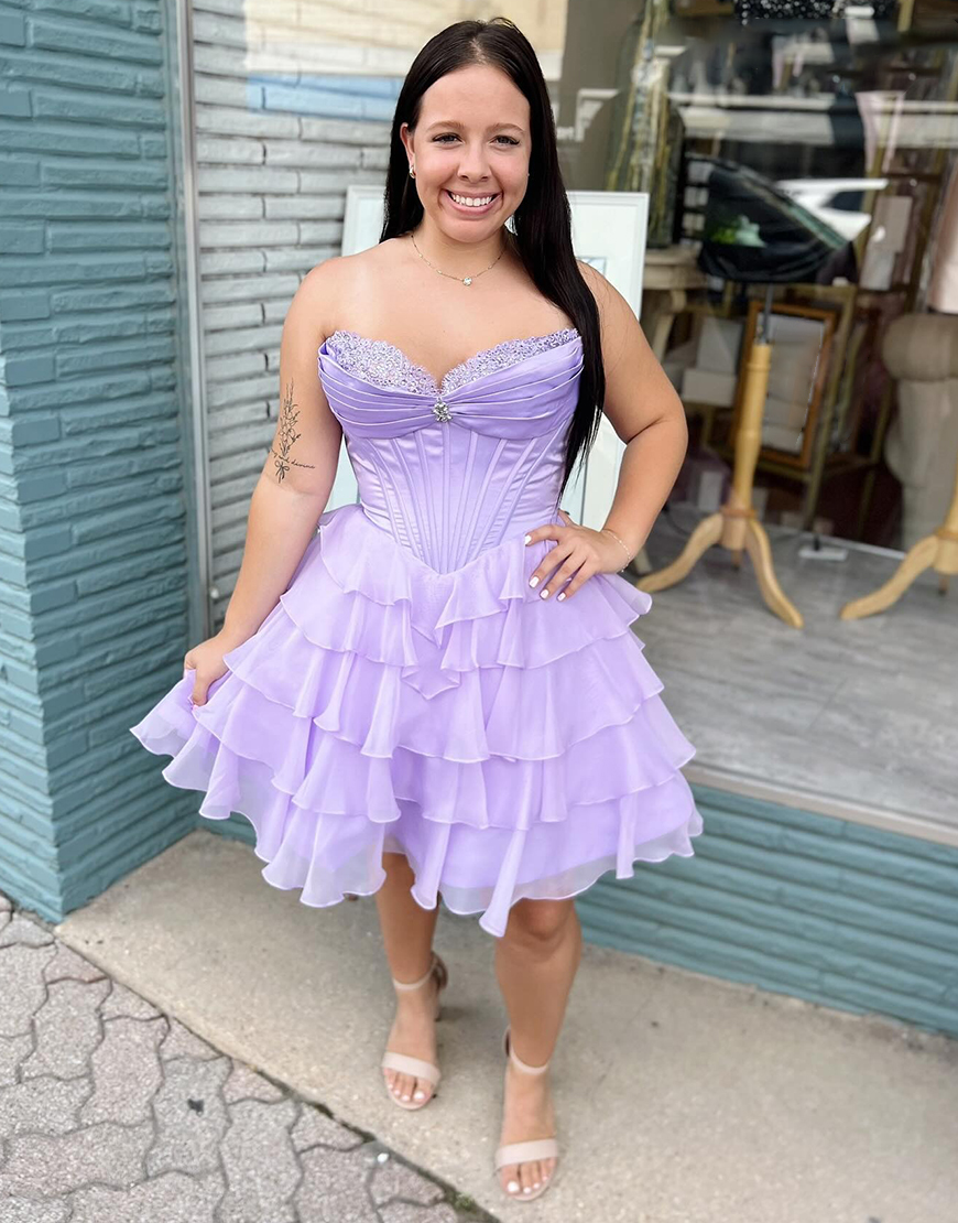 Sparkly Lavender Ruffled A Line Short Corset Homecoming Dress with Beading