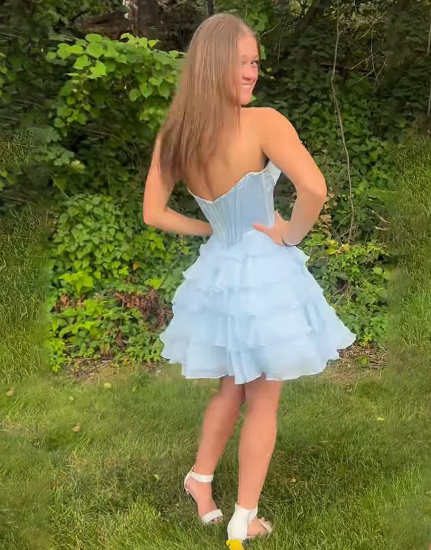 Sparkly Lavender Ruffled A Line Short Corset Homecoming Dress with Beading