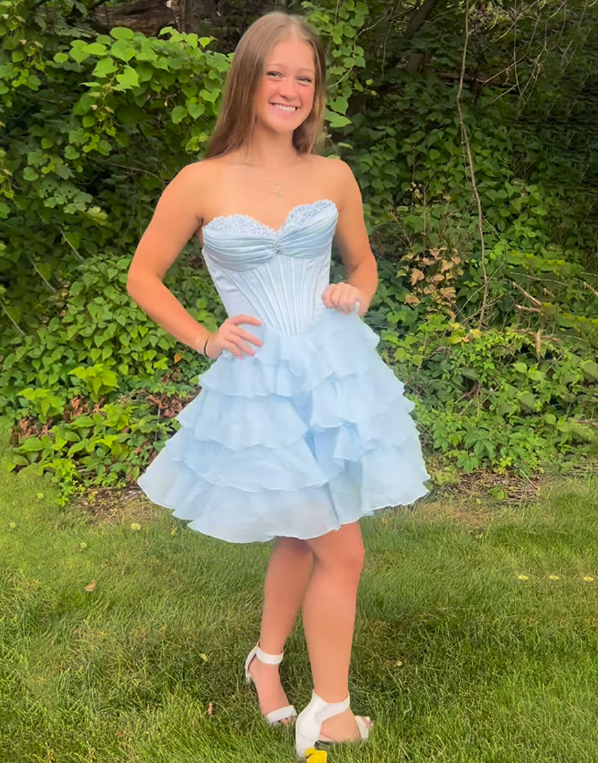 Sparkly Lavender Ruffled A Line Short Corset Homecoming Dress with Beading