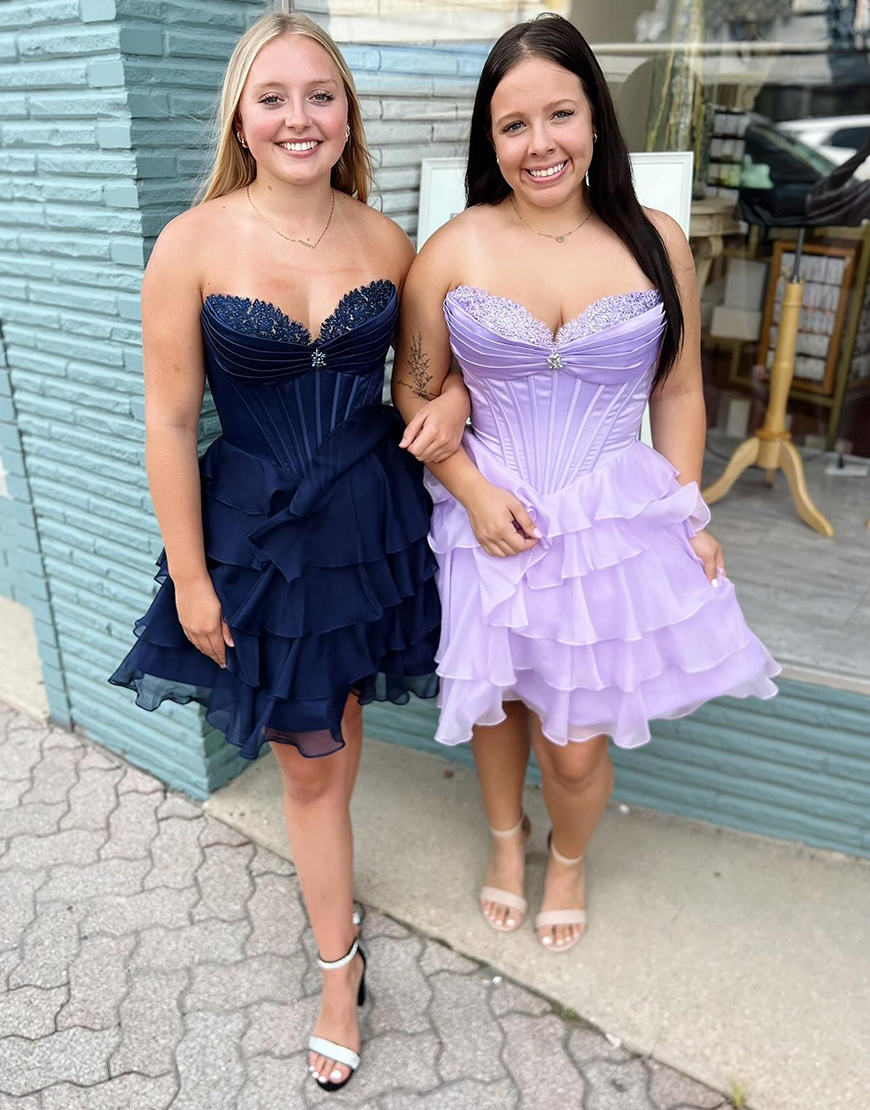Sparkly Lavender Ruffled A Line Short Corset Homecoming Dress with Beading