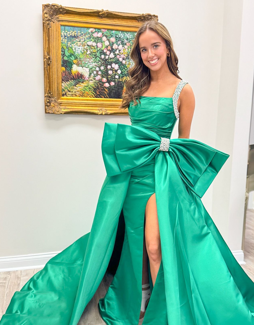 Sparkly Green Beaded A Line Satin Long Pageant Dress with Bow