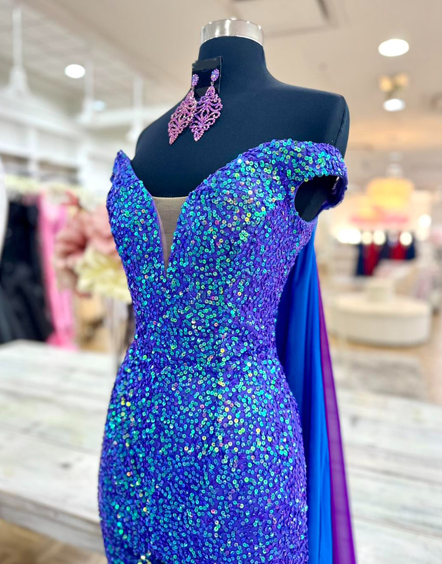 Sparkly Royal Blue Sequin Tight Long Homecoming Jumpsuits with Cape