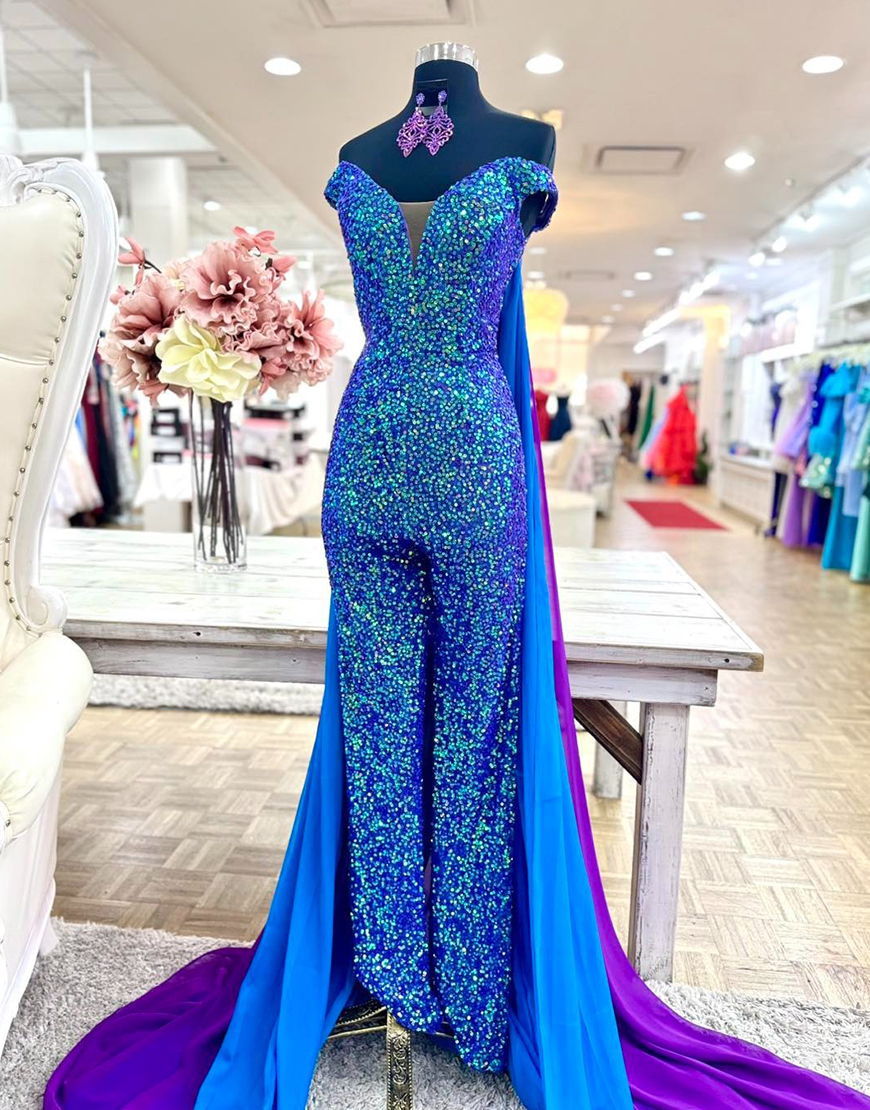 Berlinnova Women Sparkly Royal Blue Long Homecoming Jumpsuits with Cape Sequin Off The Shoulder Hoco Rompers