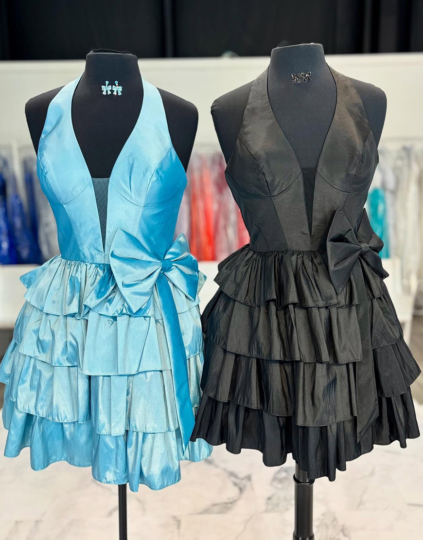 Red Satin Halter Ruffled Short Corset Homecoming Dress with Bow