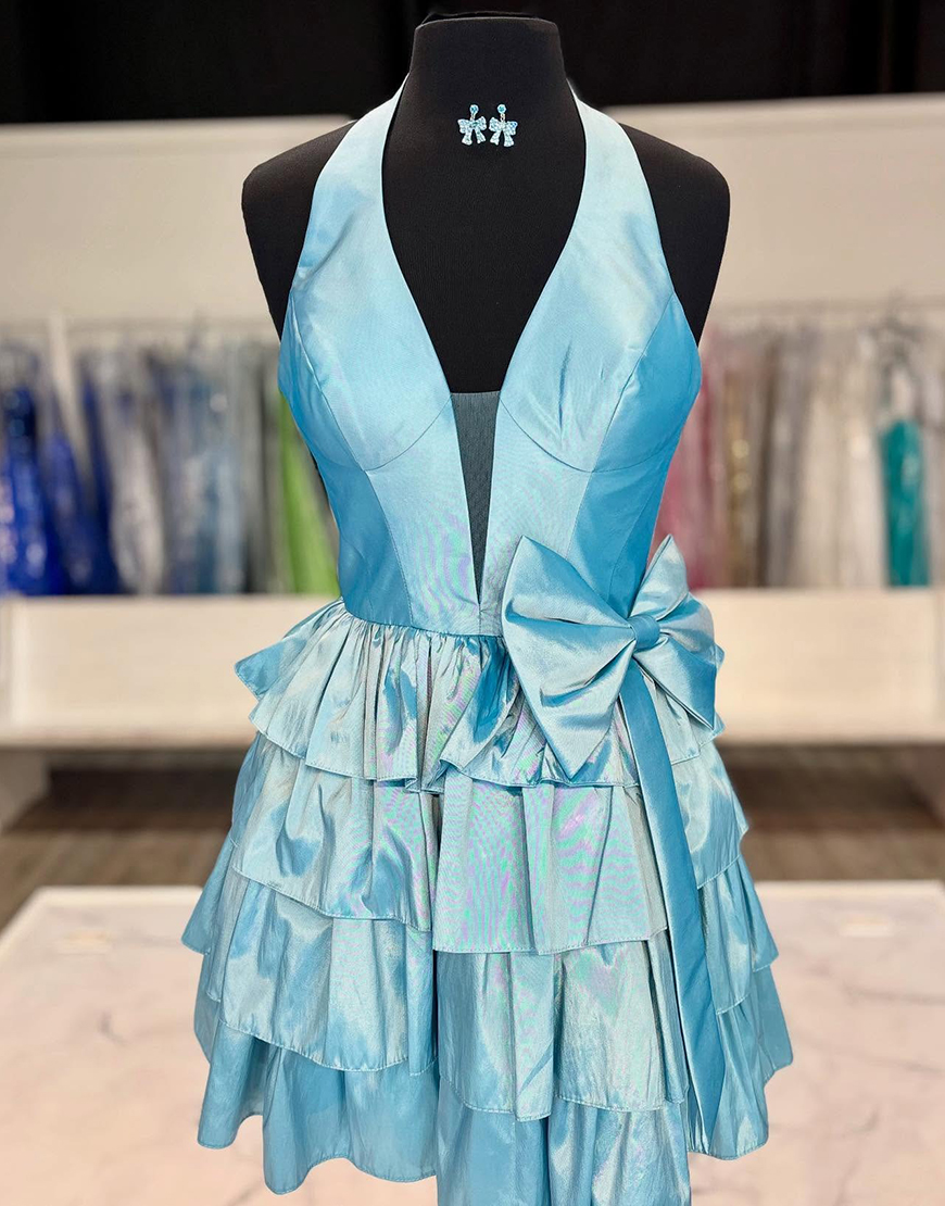 Red Satin Halter Ruffled Short Corset Homecoming Dress with Bow