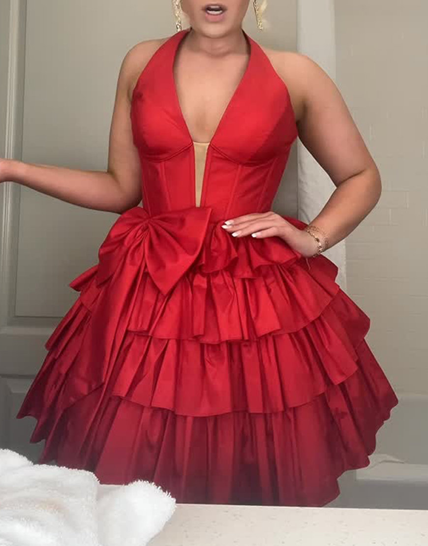 Red Satin Halter Ruffled Short Corset Homecoming Dress with Bow