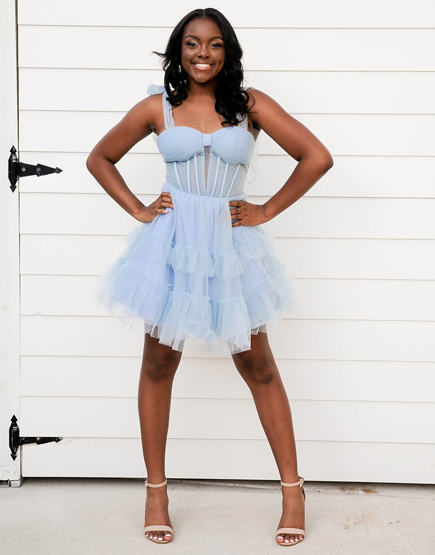 Grey Blue A Line Tulle Short Corset Homecoming Dress with Ruffles