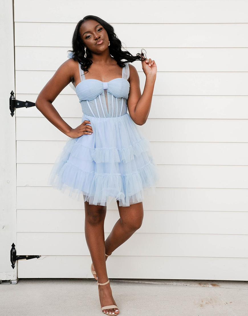 Grey Blue A Line Tulle Short Corset Homecoming Dress with Ruffles