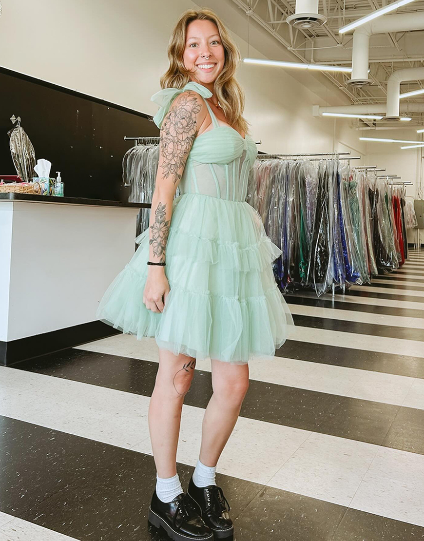 Grey Blue A Line Tulle Short Corset Homecoming Dress with Ruffles