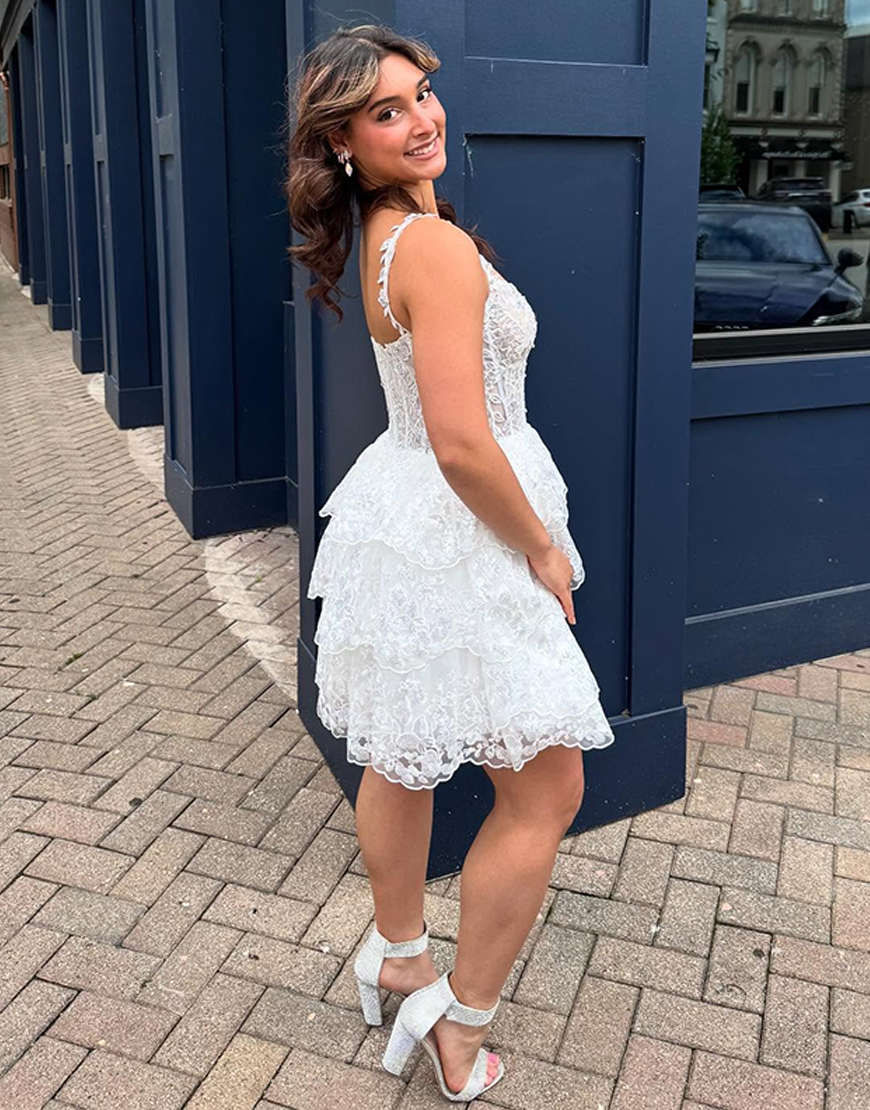 Sparkly White Lace A Line Short Corset Homecoming Dress with Ruffles