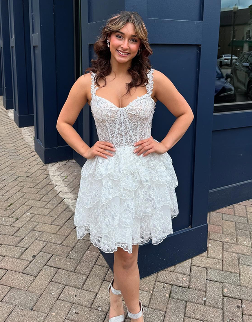 Sparkly White Lace A Line Short Corset Homecoming Dress with Ruffles