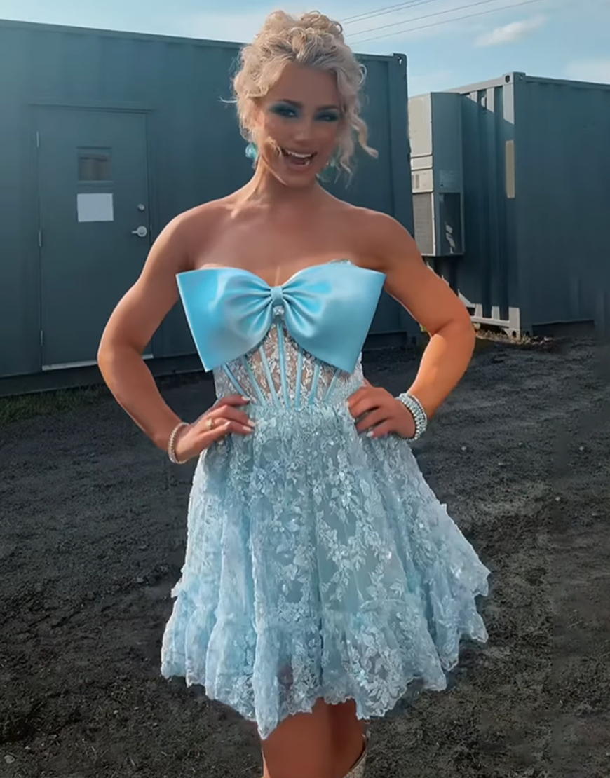 Sparkly Light Blue Lace A Line Short Corset Homecoming Dress with Bow