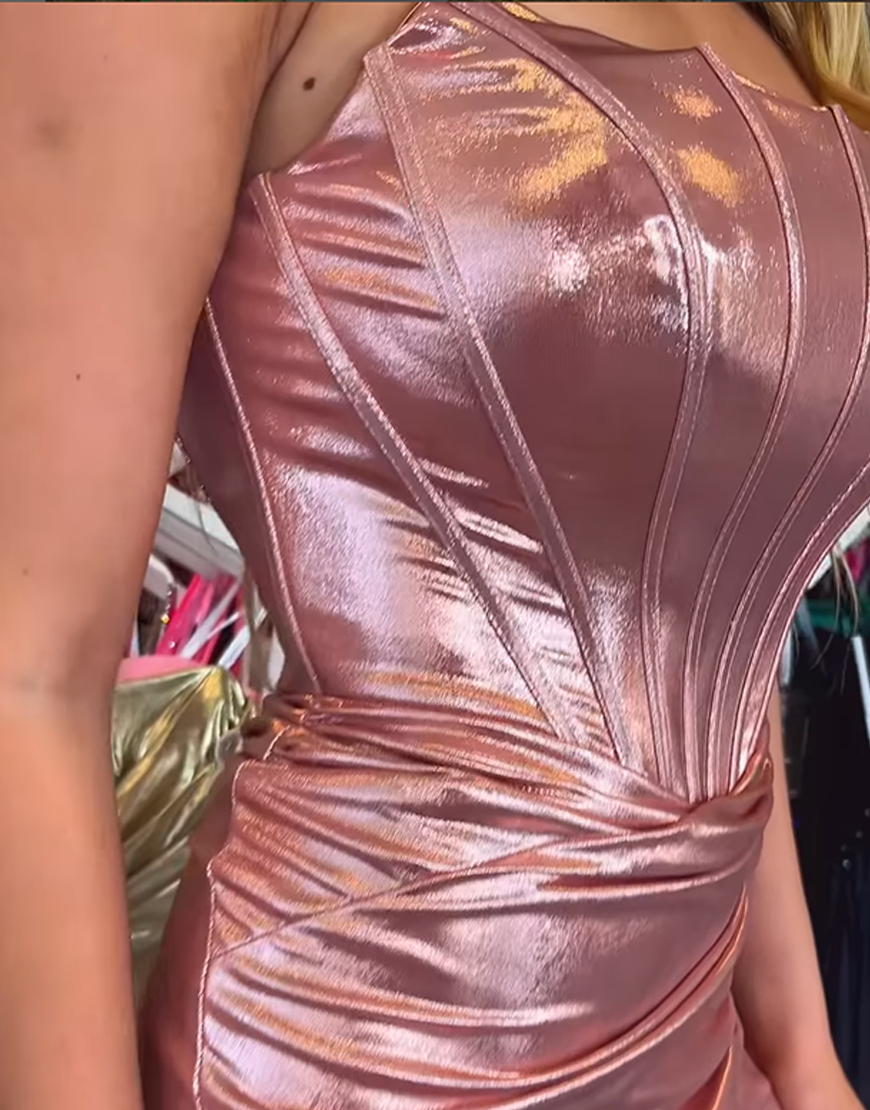 Pink Metallic Tight Ruched Short Corset Homecoming Dress