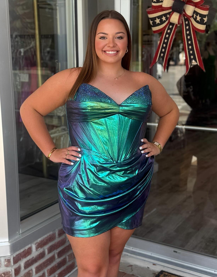 Sparkly Peacock Green Metallic Short Corset Homecoming Dress with Beading