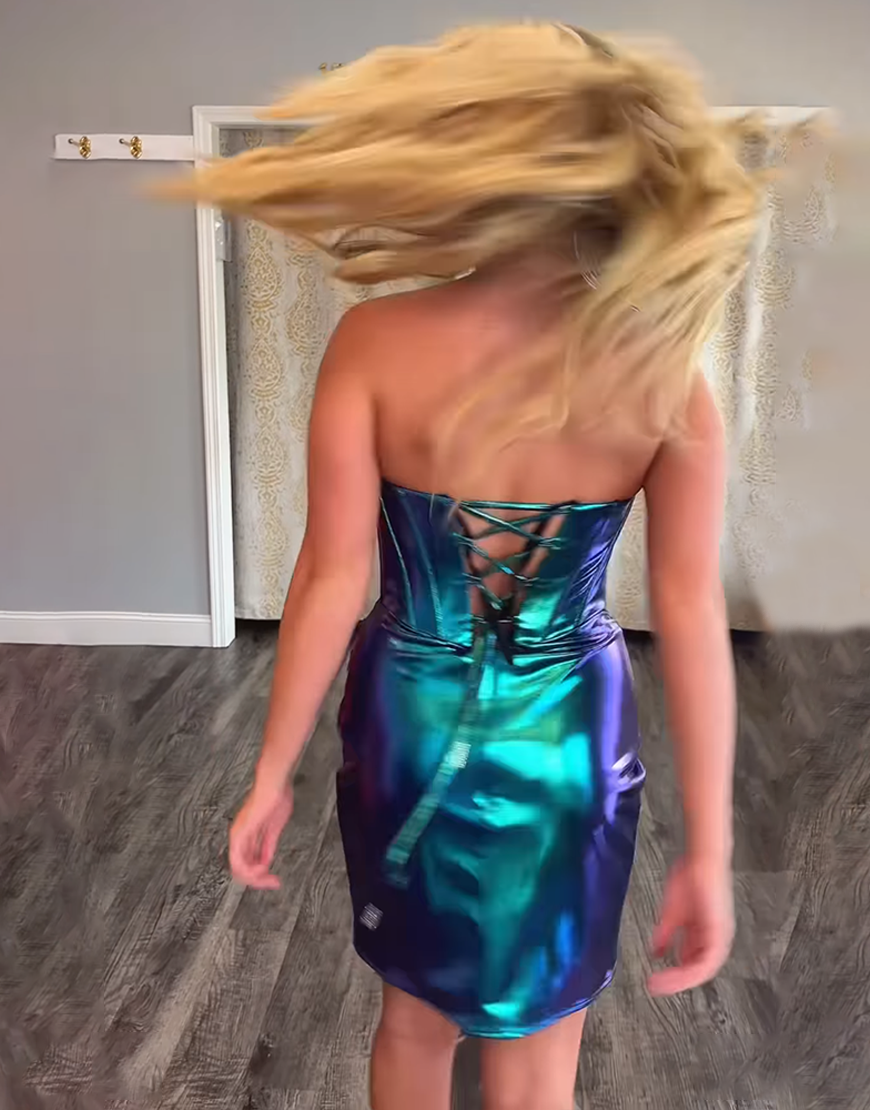 Sparkly Peacock Green Metallic Short Corset Homecoming Dress with Beading