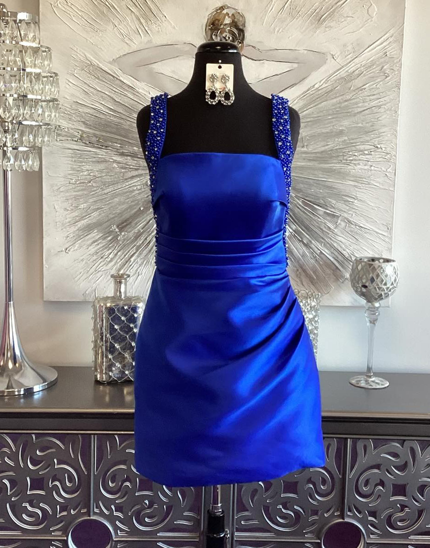 Sparkly Royal Blue Square Neck Beaded Tight Short Homecoming Dress