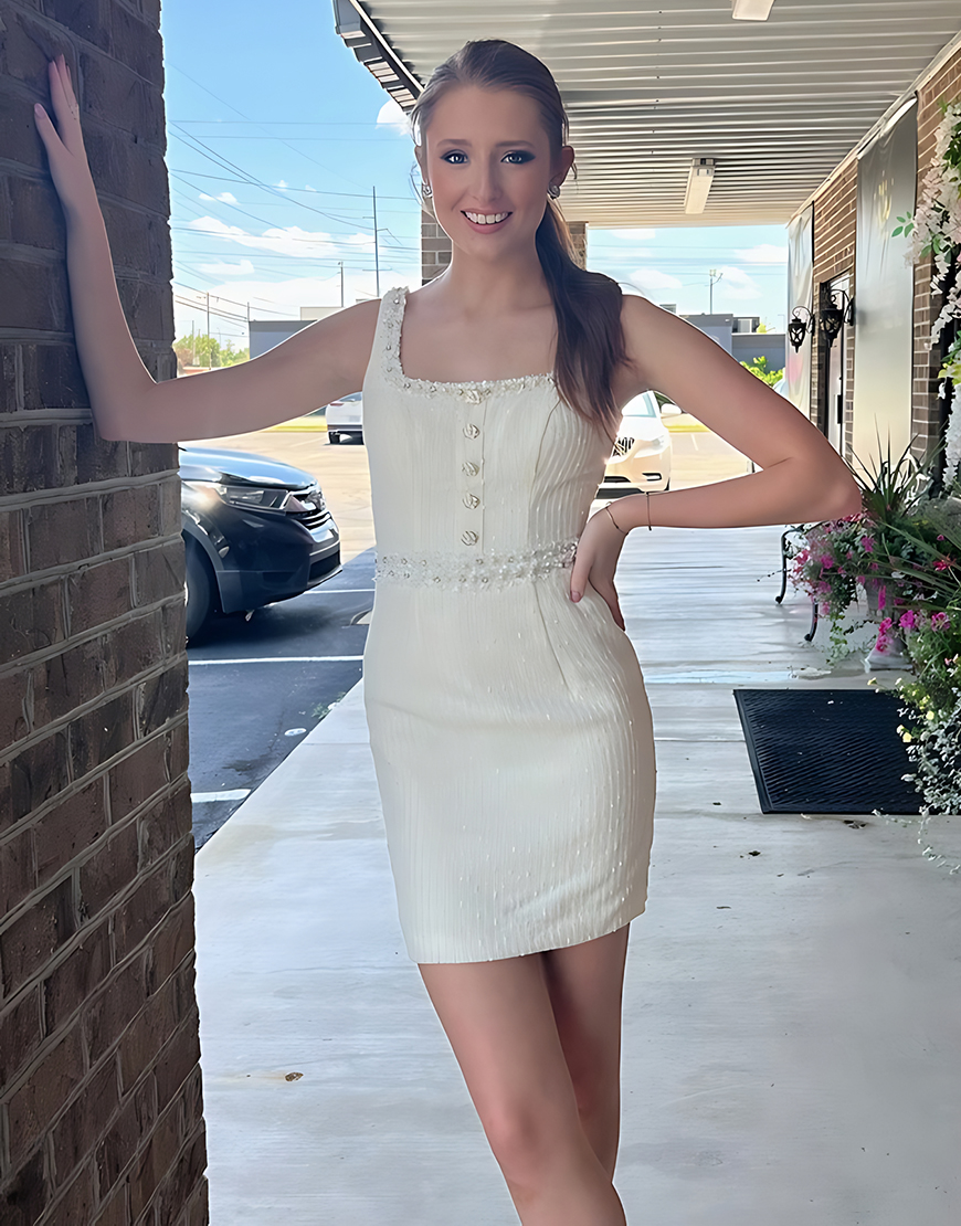 Sparkly Pink Tight Beaded Short Tweed Button Homecoming Dress