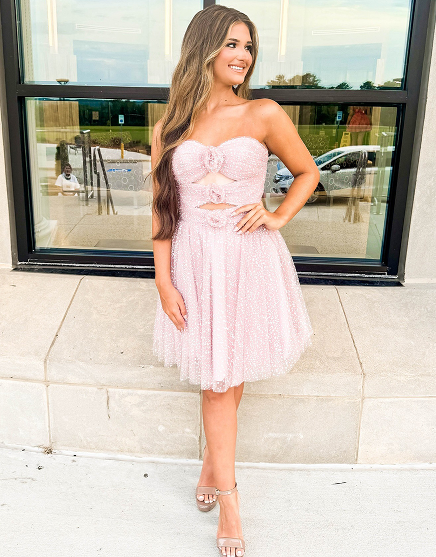 Pink Floral Cut Out A Line Polka Dots Short Homecoming Dress