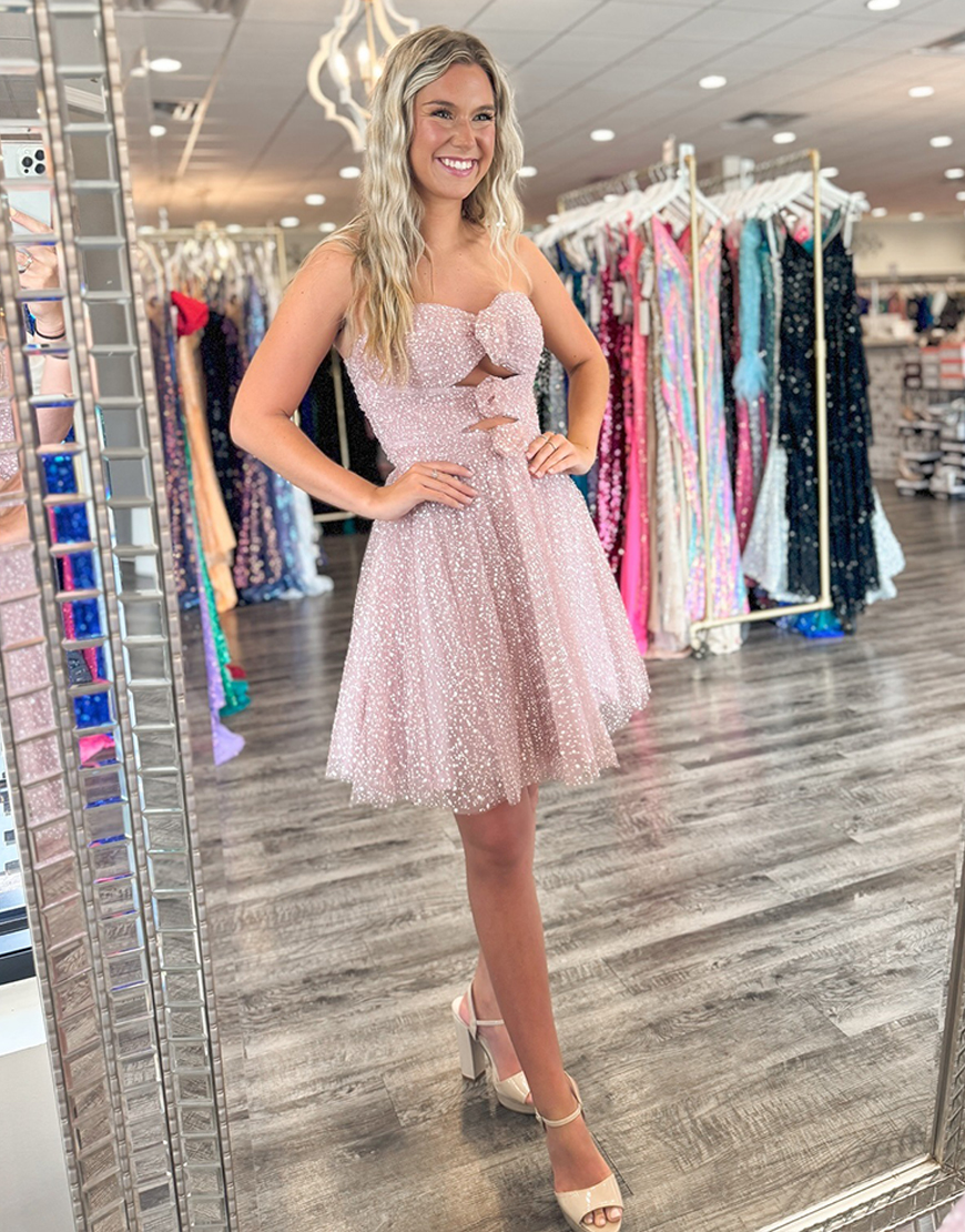Pink Floral Cut Out A Line Polka Dots Short Homecoming Dress