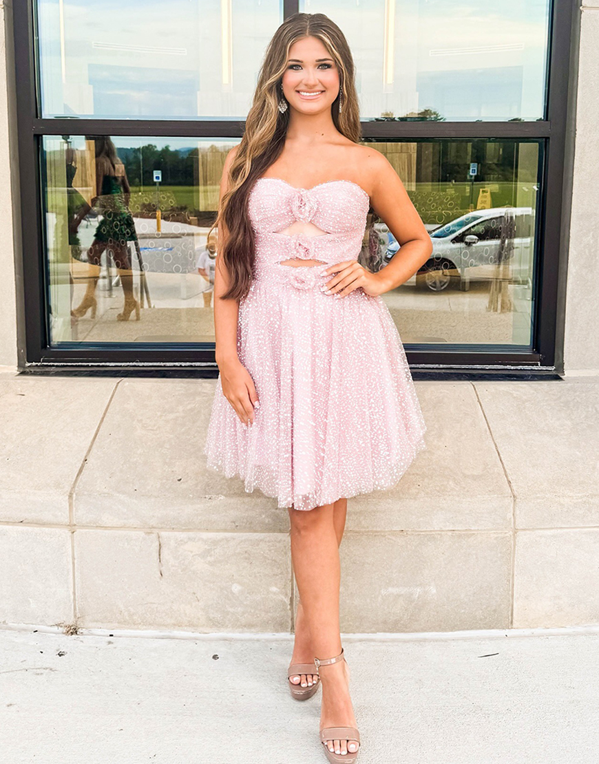 Pink Floral Cut Out A Line Polka Dots Short Homecoming Dress