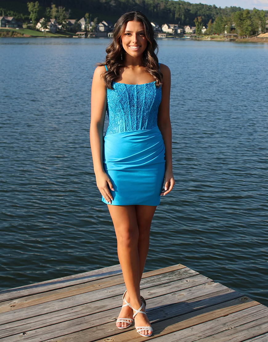 Blue Satin Spaghetti Straps Short Tight Corset Homecoming Dress with Lace