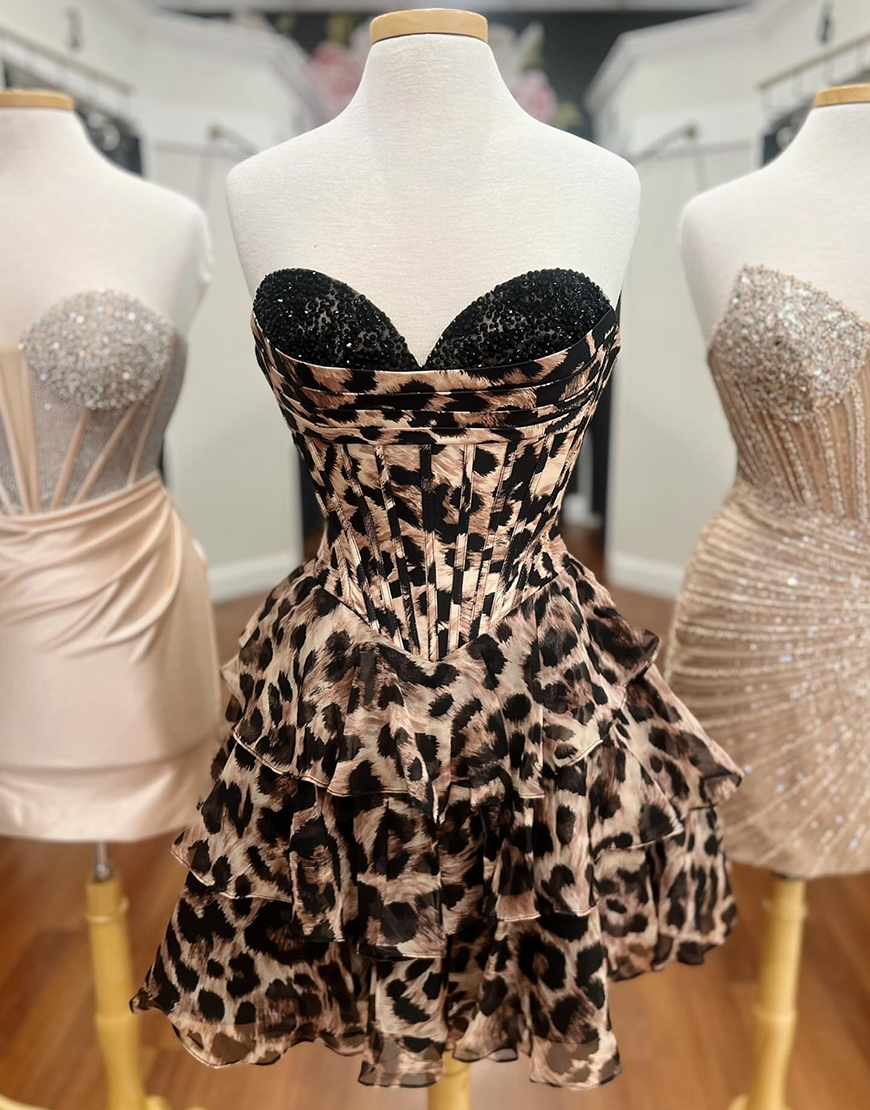 Sparkly Brown Leopard A Line Short Corset Homecoming Dress with Ruffles