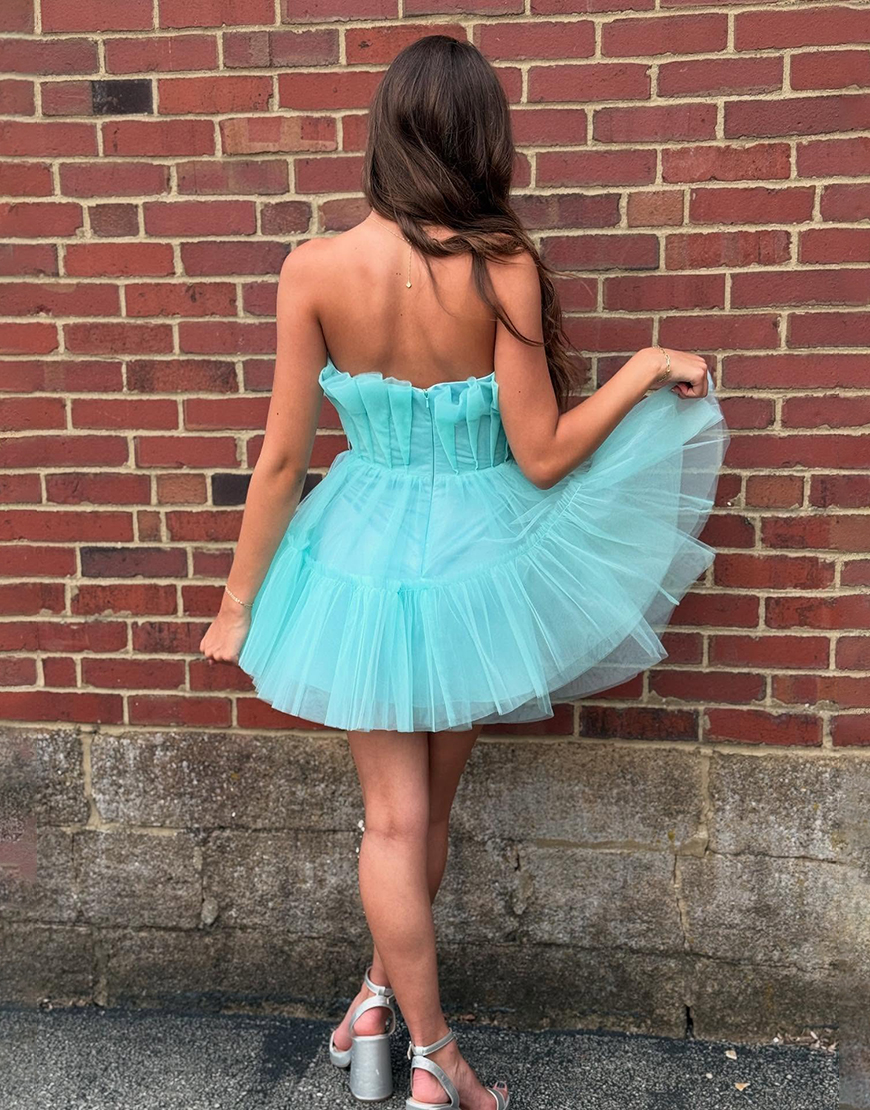 Sparkly Mint A Line Ruffled Strapless Ruched Short Homecoming Dress