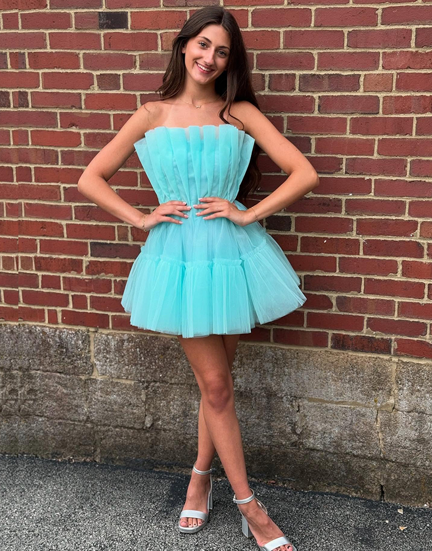 Sparkly Mint A Line Ruffled Strapless Ruched Short Homecoming Dress