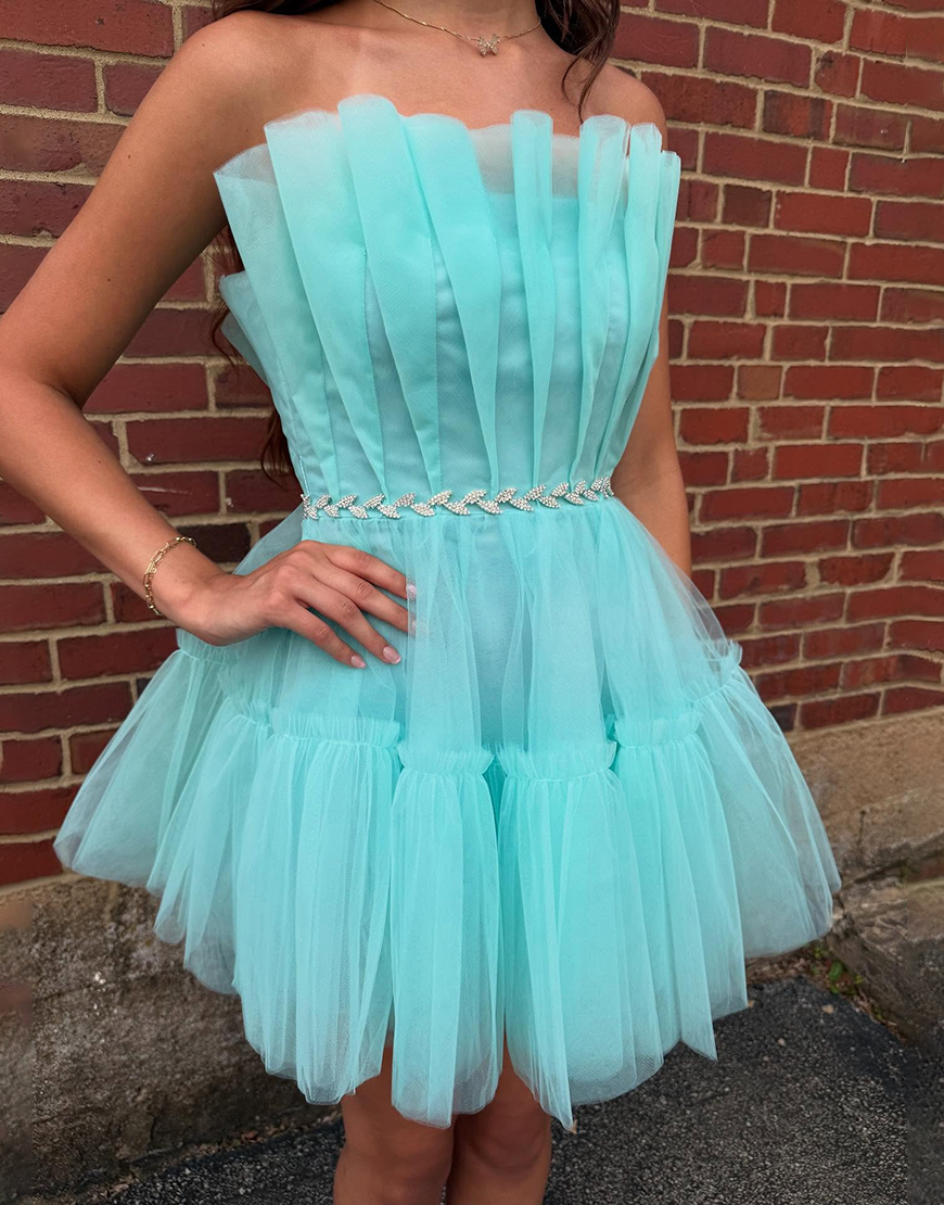 Sparkly Mint A Line Ruffled Strapless Ruched Short Homecoming Dress
