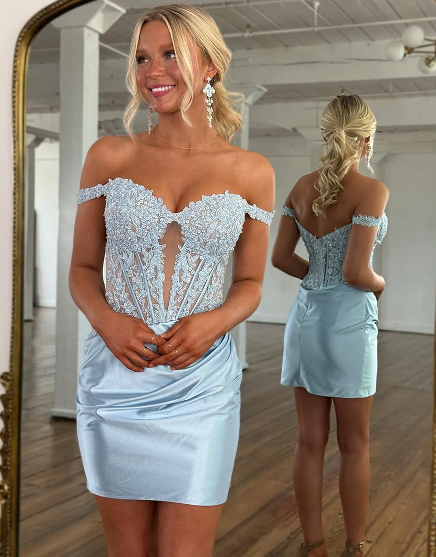 Sparkly Turquoise Satin Short Corset Homecoming Dress with Lace
