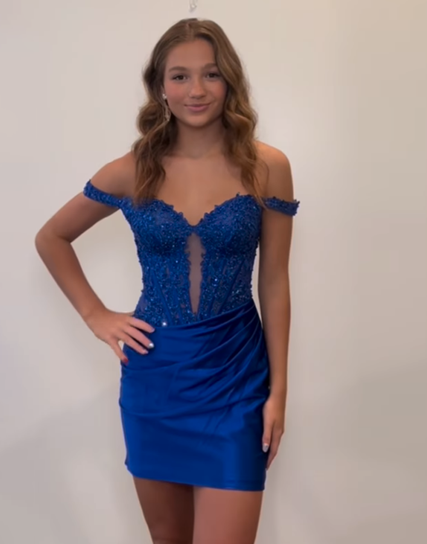 Sparkly Turquoise Satin Short Corset Homecoming Dress with Lace