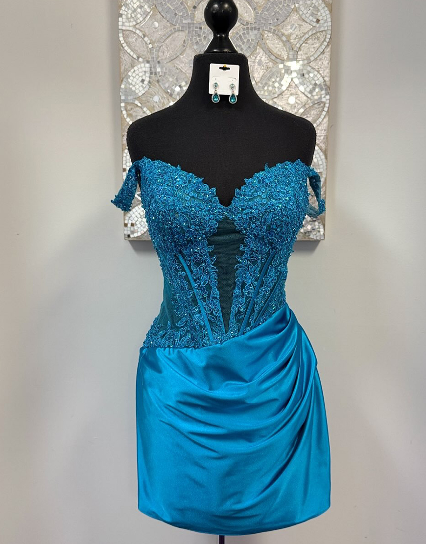 Sparkly Turquoise Satin Short Corset Homecoming Dress with Lace