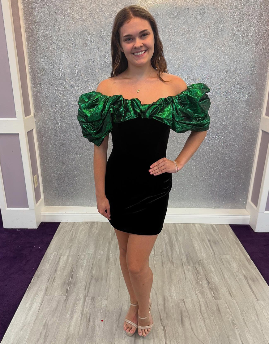 Black and Green Off the Shoulder Bodycon Homecoming Dress with Ruffles
