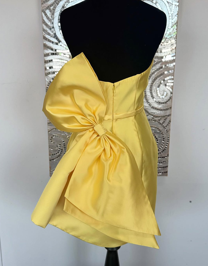 Yellow Strapless Satin Short Sheath Homecoming Dress with Bow
