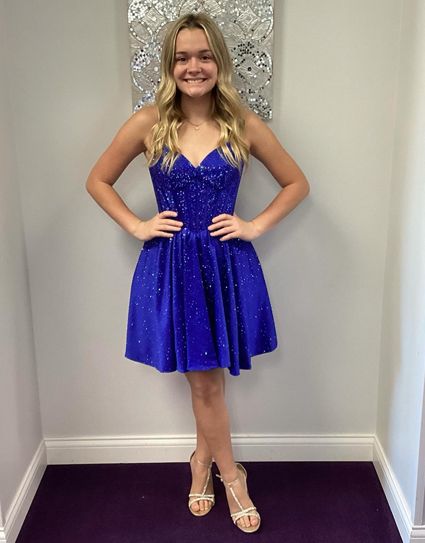 Glitter Royal Blue Spaghetti Straps Satin A Line Short Corset Homecoming Dress with Beading