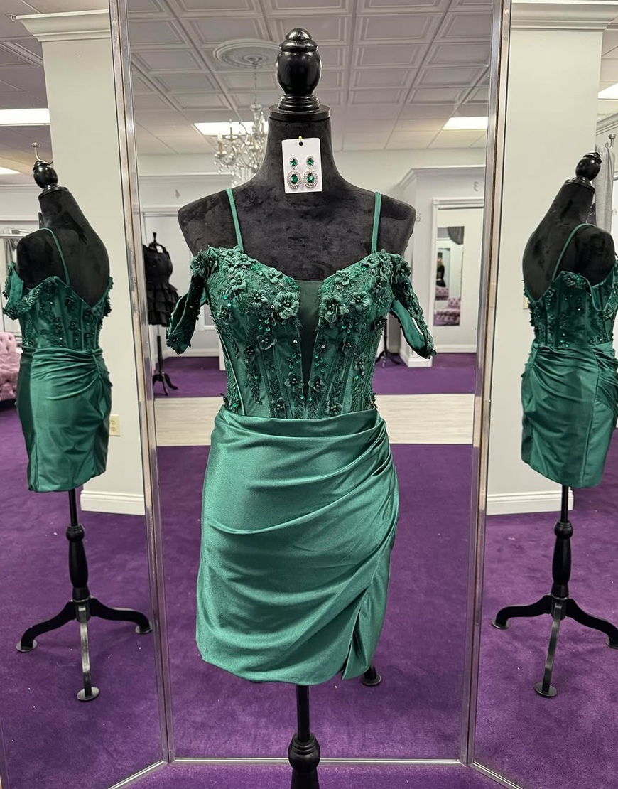 Emerald Green Cold Shoulder Satin Short Corset Homecoming Dress