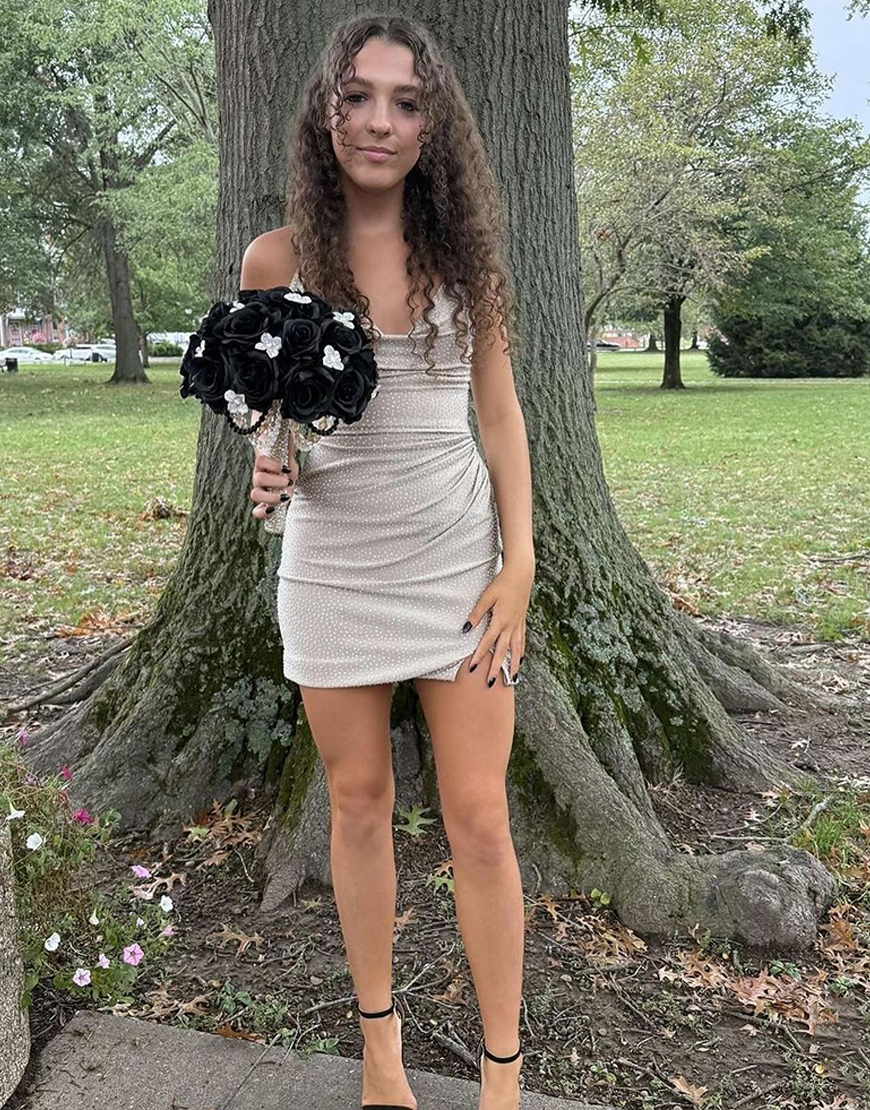 Glitter Apricot Beaded Bodycon Short Homecoming Dress with Slit