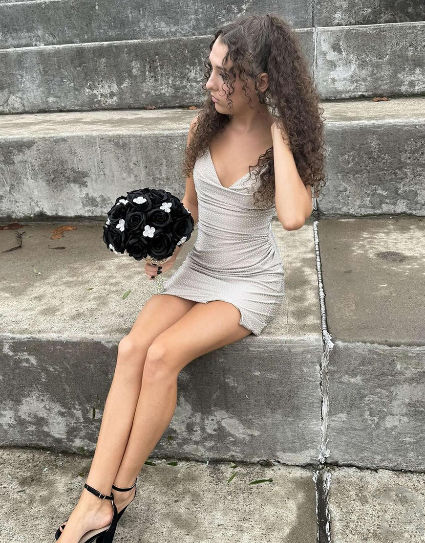 Glitter Apricot Beaded Bodycon Short Homecoming Dress with Slit