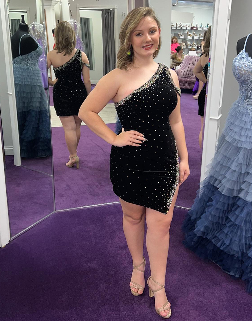 Black One Shoulder Beaded Bodycon Short Homecoming Dress with Slit