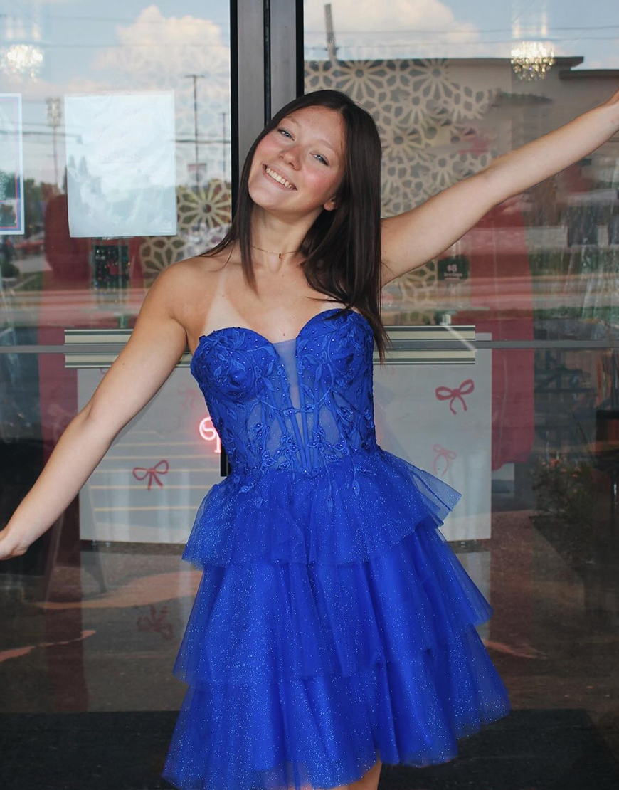 Royal Blue A Line Tulle Tiered Short Corset Homecoming Dress with Ruffles