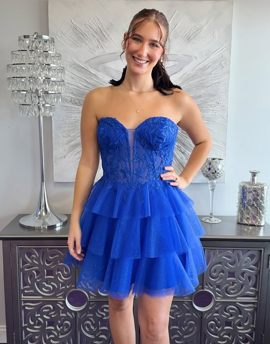 Royal Blue Sweetheart Tulle Tiered A-Line Short Corset Homecoming Dress