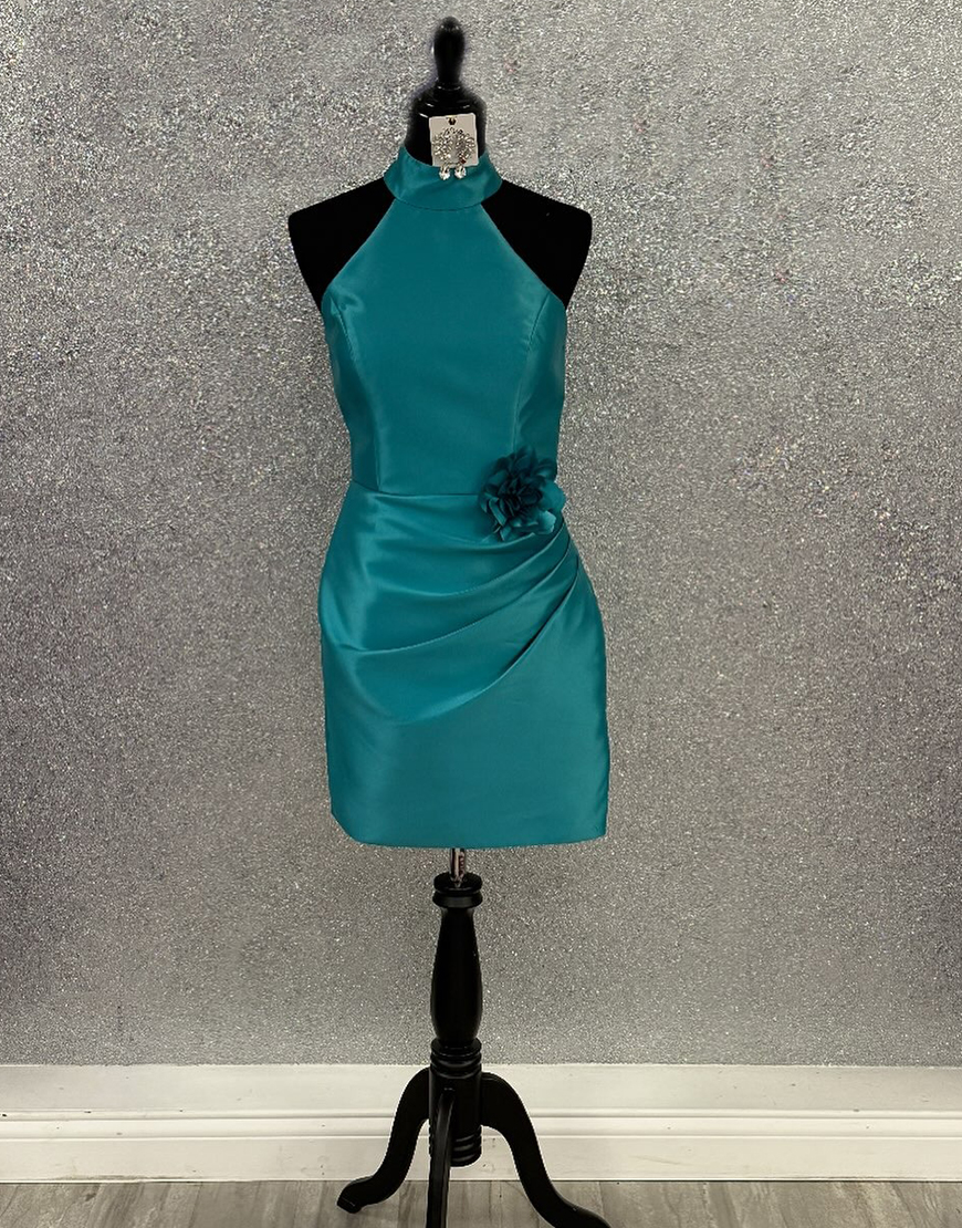Peacock Green Satin High Neck Bodycon Short Ruched Homecoming Dress
